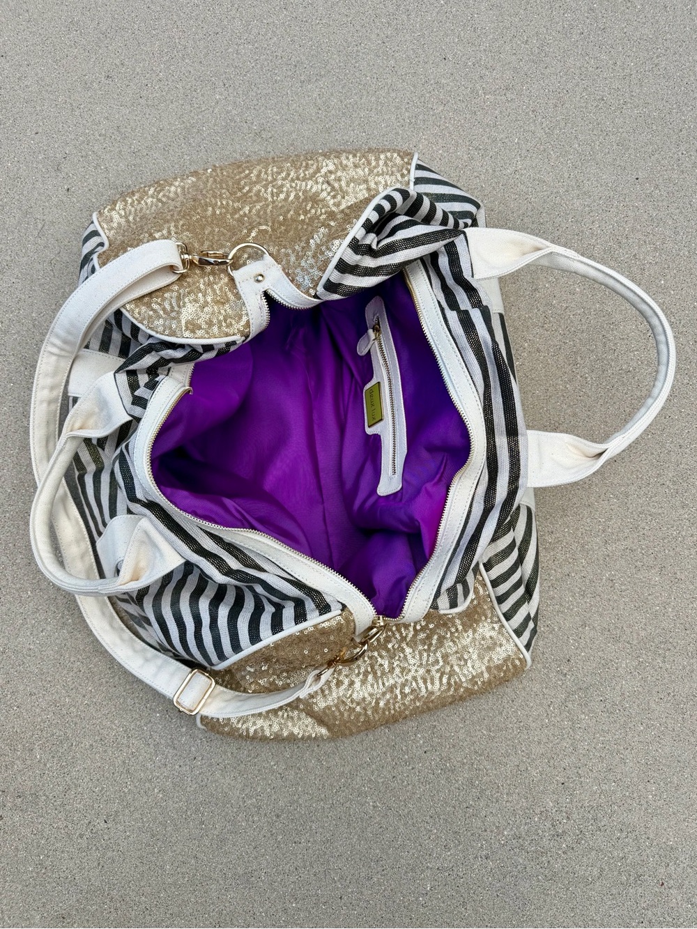 Deux Lux Striped Canvas Tote with Gold Sequin Accents & Purple Satin Lining